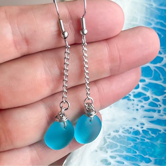 Handmade Blue Sea Glass Dangle Earrings - Picture 2 of 4